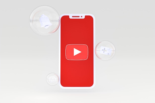 Youtube-pictogram op scherm smartphone of mobiele telefoon 3d render op grijze achtergrond