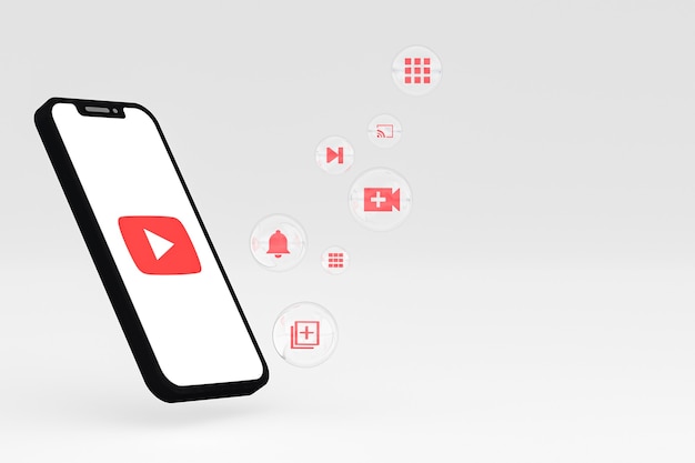 Youtube-pictogram op scherm smartphone of mobiele telefoon 3d render op witte achtergrond