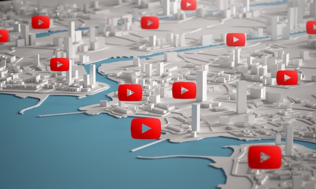 Youtube-pictogram Over luchtfoto van 3D-weergave van stadsgebouwen