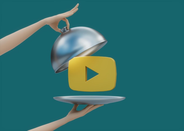 Youtube Social Media Hand Open Huidige Deksel Voedsel Lade Eet Schotel 3D Illustratie