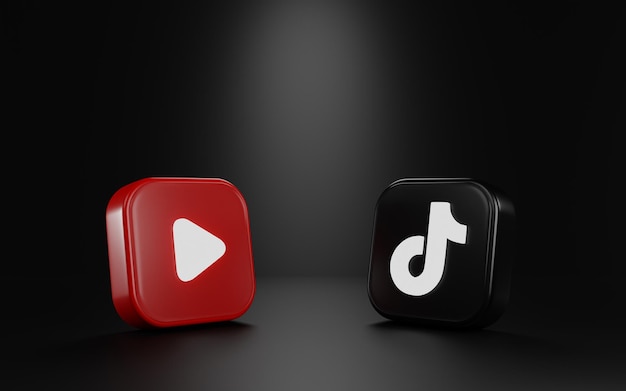 youtube and tiktok social media icon social media 3d render icon on black background with lighting