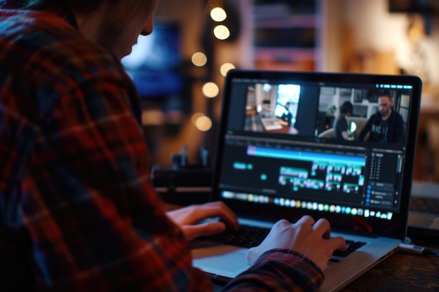 Photo youtuber editing video on laptop for up to worldwide through an online freelance work