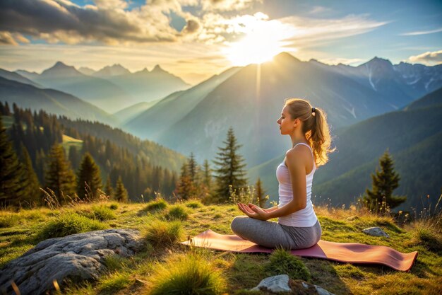 yowoman preforms yoga in mountains in morning