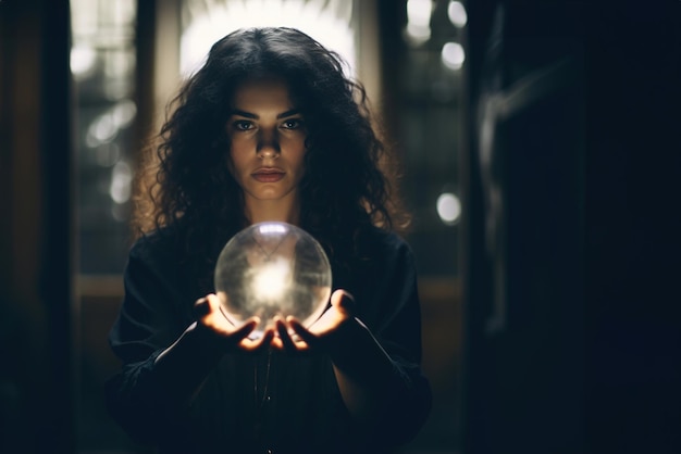 Photo ypong seer fortune teller clairvoyant predicts the future with a glass ball