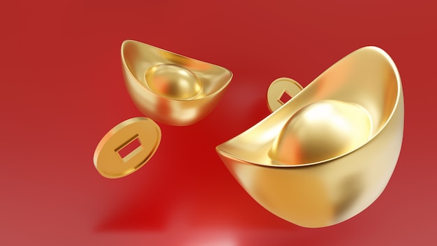 yuan bao. chinese gold sycee and coin isolated on red