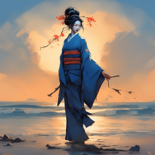 Yuan Ti Een mooie geisha die donkerblauwe zwarte hybride kleding draagt Karakterkunst Digitale illustratie