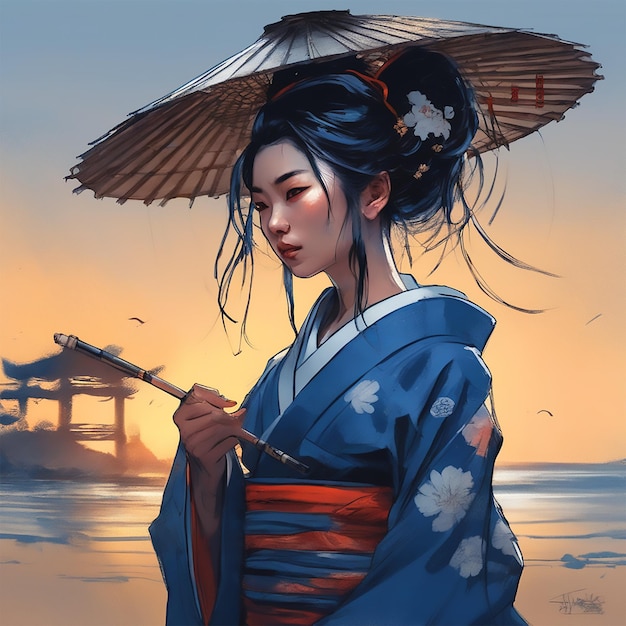 Yuan Ti Een mooie geisha die donkerblauwe zwarte hybride kleding draagt Karakterkunst Digitale illustratie