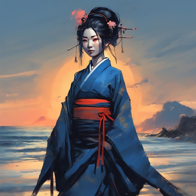 Yuan Ti Een mooie geisha die donkerblauwe zwarte hybride kleding draagt Karakterkunst Digitale illustratie