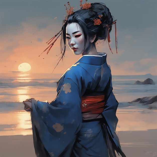 Yuan Ti Een mooie geisha die donkerblauwe zwarte hybride kleding draagt Karakterkunst Digitale illustratie