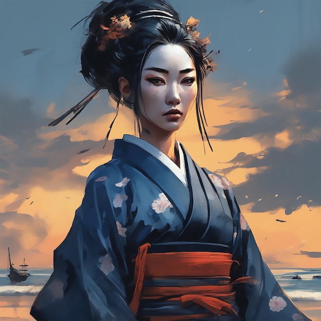 Yuan Ti Een mooie geisha die donkerblauwe zwarte hybride kleding draagt Karakterkunst Digitale illustratie