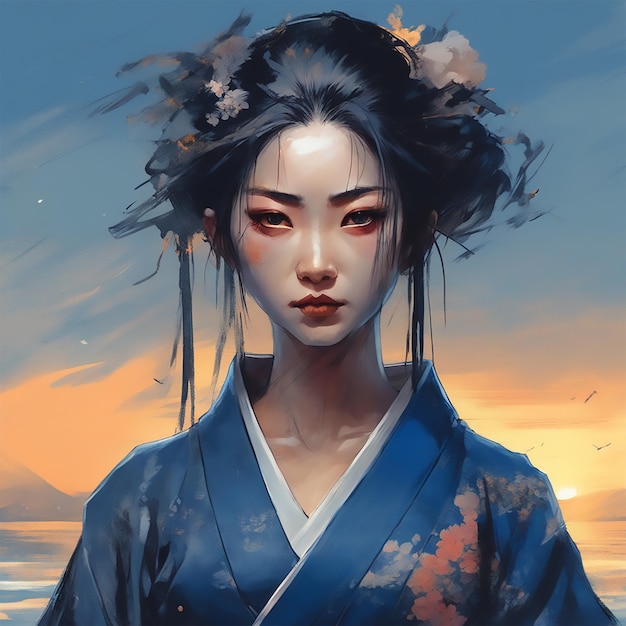 Yuan Ti Een mooie geisha die donkerblauwe zwarte hybride kleding draagt Karakterkunst Digitale illustratie