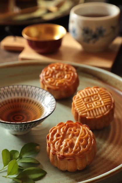 Yue bing the traditional chinese pastry of baked mooncake made seasonally for mid-autumn festival