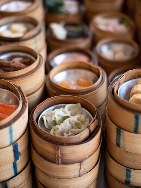 Yumcha, dim sum in bamboo steamer, chinese cuisine