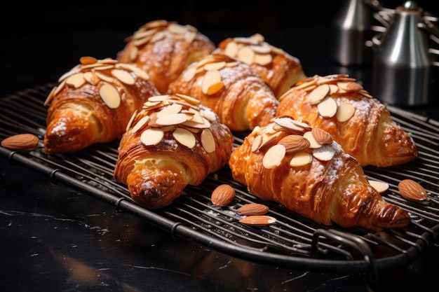 Yummy almond croissants on a metal surface