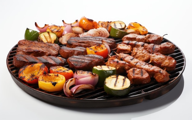 Yummy Barbecue Grill with Sizzling Food on Large Tray Isolated on White Background