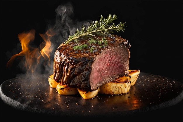 Yummy beef grill steak on a table in a dark black background with fire and smoke food photograph food styling