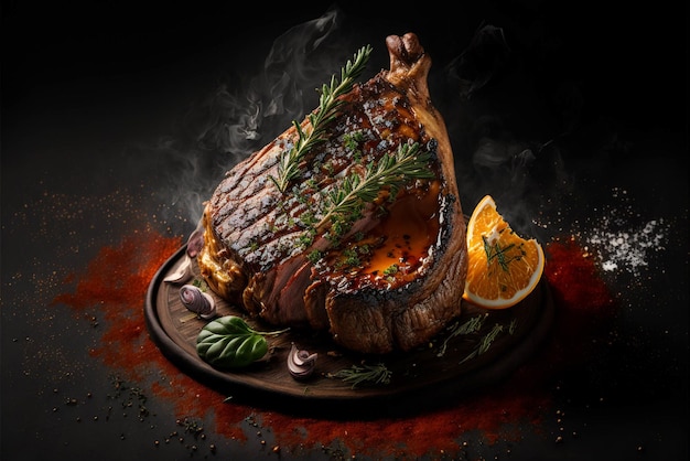 Yummy beef grill steak on a table in a dark black background with fire and smoke food photograph food styling