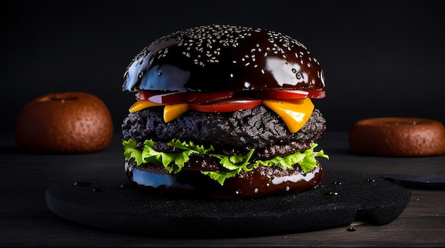 Photo a yummy black burger with tomato onion sauce lettuce and patty looking very delicious