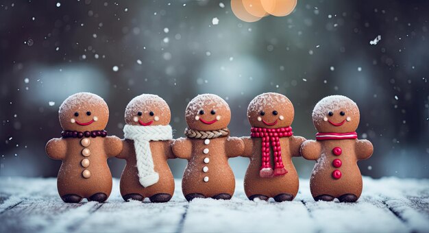 Yummy christmas cookies with doll shape holding hands on the illuminated street xmas sweet food generative ai