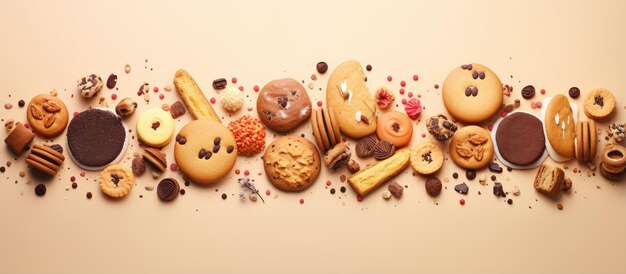 Photo yummy cookies arranged on a isolated pastel background copy space