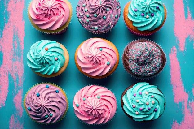 Yummy cupcakes for a party or birthday A blue background is topped