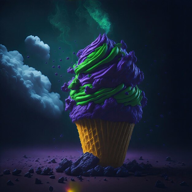 Photo yummy fluffy ice cream cone in the fluffy clouds cookie smoking green fog red yellow