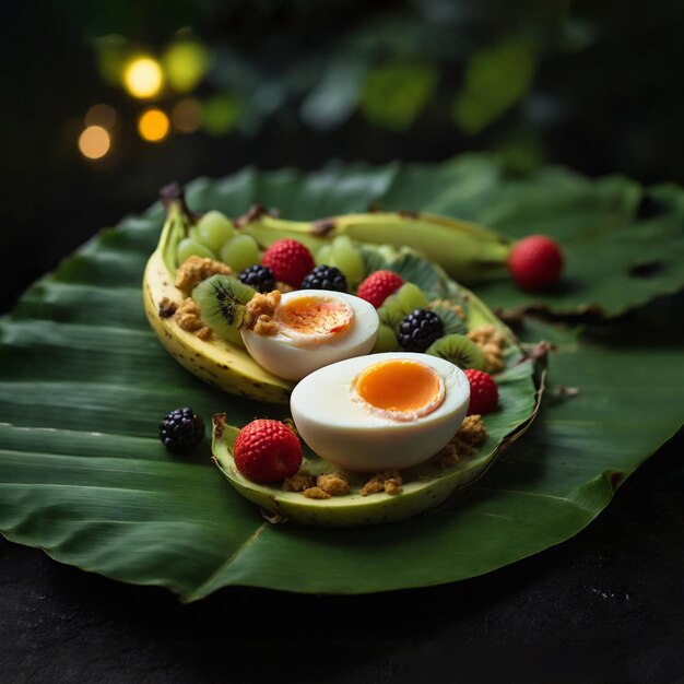 Foto un delizioso uovo a metà bollito con frutta su foglie di banana