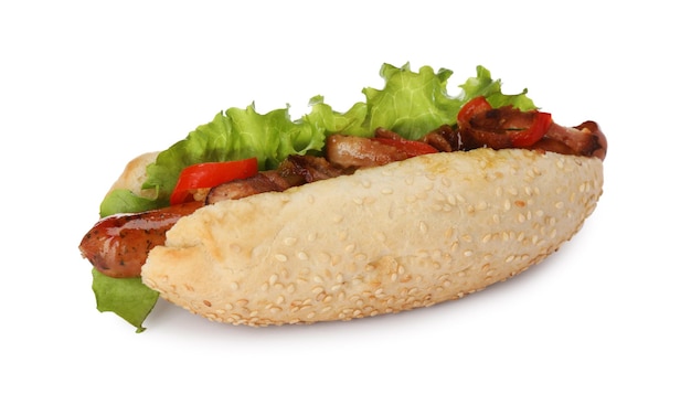 Yummy hot dog with sausage bacon and lettuce isolated on white Fast food