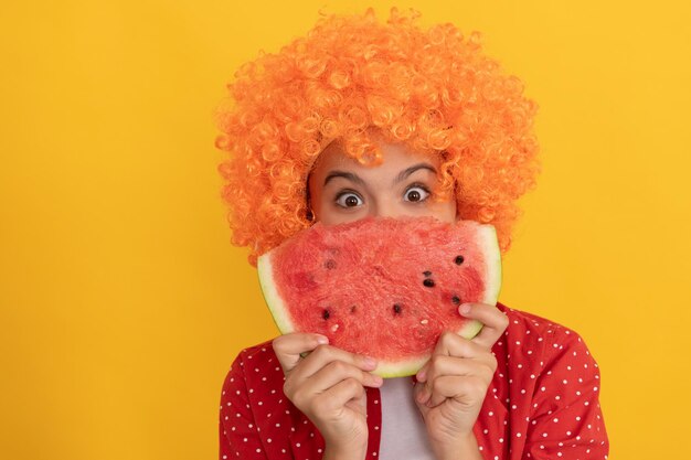 Yummy juicy watermelon. kid with fruit. healthy food. fructose healthy eating