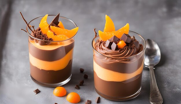 Yummy orange chocolate mousse in a glass with decorative oranges