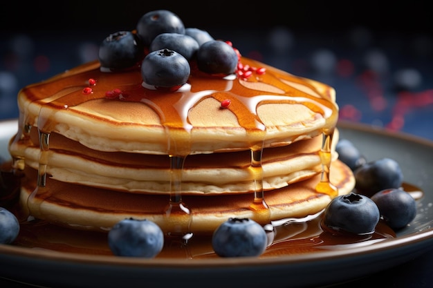 Yummy pancakes with blueberries and maple syrup up close