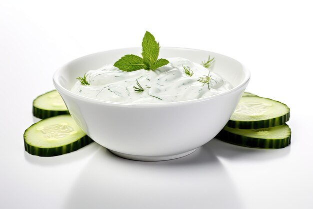 Yummy sauce with cucumber in bowl on a white background