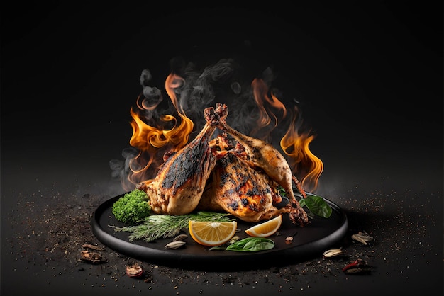 Yummy spicy grilled chicken on a table in a dark black background with fire smoke spices around food photograph food styling