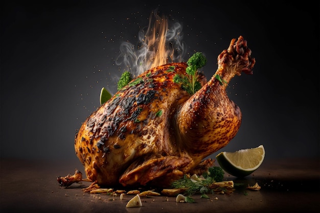 Yummy spicy grilled chicken on a table in a dark black background with fire smoke spices around food photograph food styling