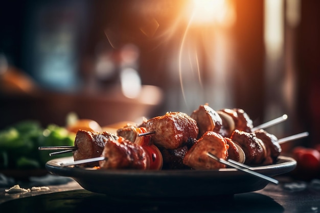 Photo yummy turkish kebab with vegetables on a grill with blurry background