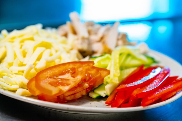 Yummy vegetarian food on a plate. Delicious traditional salad organic meal.