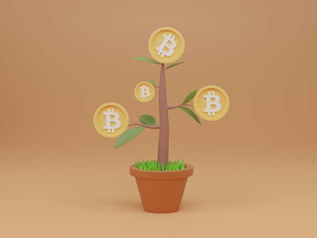 Zaailing plant met bitcoin bloem in pot op lichtoranje achtergrond Cryptocurrency trend 3d render illustratie