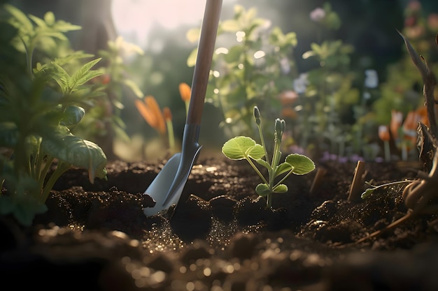 Zaailingen bloemen in de grond verplanten met een tuinschep Generative AI 5