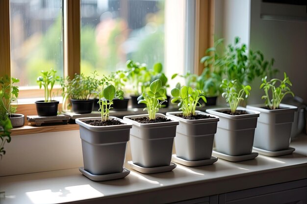 Zaailingen van groenten voor het planten in de open grond in de tuin worden gekweekt op de vensterbank voorbereiding voor het zomerseizoen zelfvoorzienende landbouw AI gegenereerd