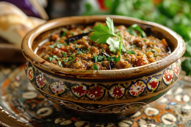 Zaalouk Moroccan Eggplant Dip Served with Bread Stewed Eggplant Pieces