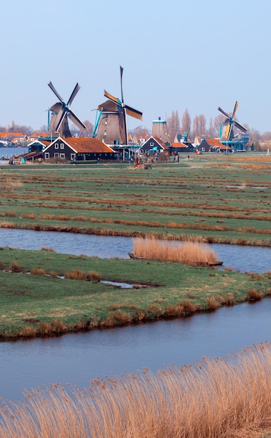 ZAANSE SCHANS, NETHERLANDS - APRIL 11, 2018: view of wind mills in Zaanse Schans, Netherlands