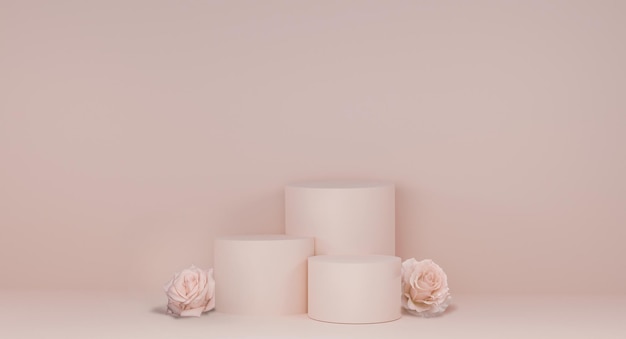 Zacht pastelroze 3 fasen cirkel cosmetisch of modeproduct display podium met natuurlijke rozen