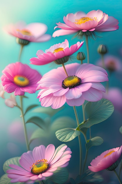 Foto zacht roze bloemen van anemonen buiten in de zomer lente close-up op turkooizen achtergrond met soft