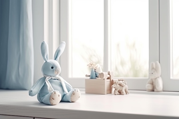 Zacht stuk speelgoed konijntje in de buurt van raam op de achtergrond van de kinderkamer