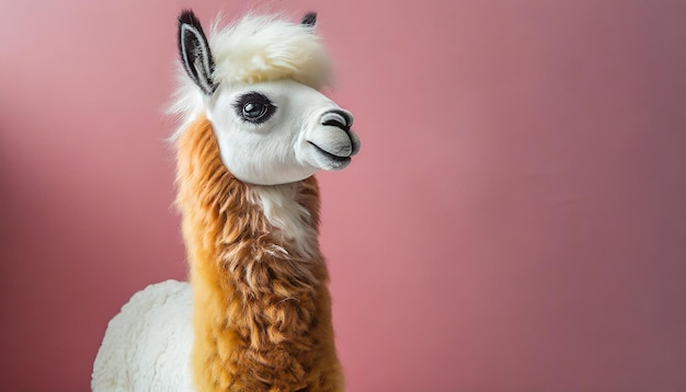 Foto zachte alpaca pluche pop craft gehaakte speelgoed voor kinderen handgemaakte lama staand op roze achtergrond