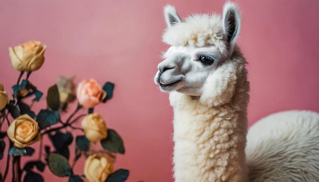 Foto zachte alpaca pluche pop craft gehaakte speelgoed voor kinderen handgemaakte lama staand op roze achtergrond