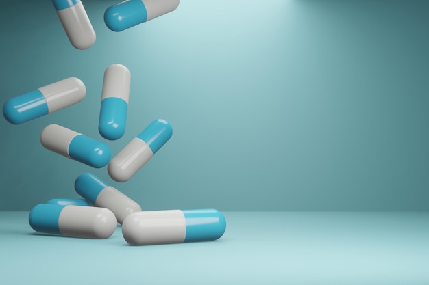 Zachte blauwe en witte medicijncapsules die op een witte achtergrond vallen 3d-rendering