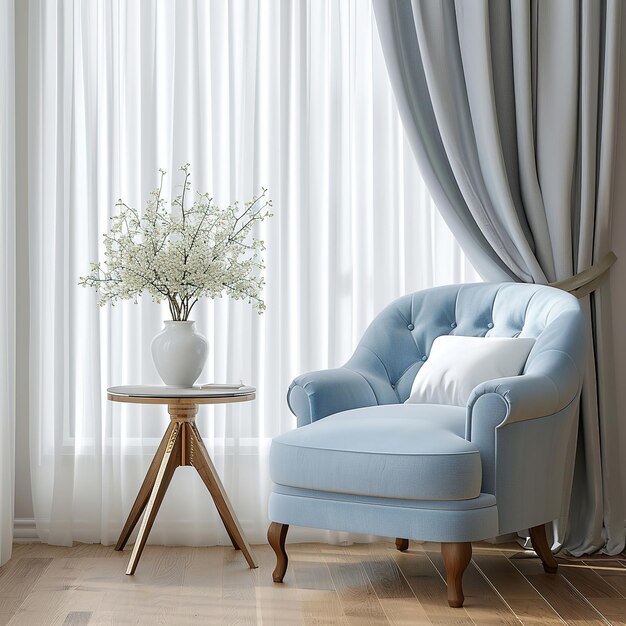 Zachte blauwe fauteuil naast het raam versierd met witte gordijnen