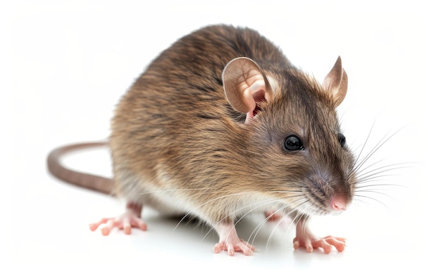 Zachte bruine rat die naar voren kijkt met een zachte focus op een zuivere witte achtergrond