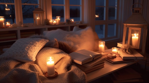 Zachte dekens kussens en kaarsen creëren gezelligheid bij